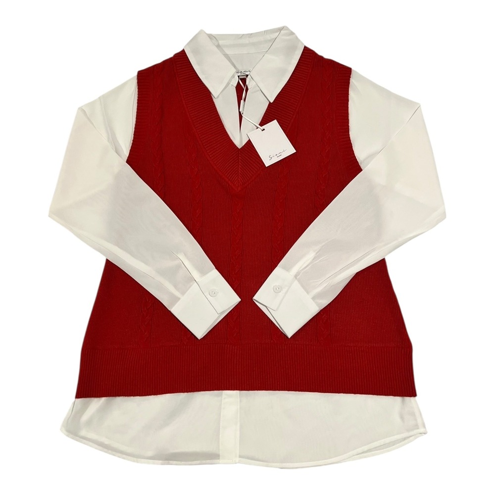 NWT Sioni Milano‎ Women's Sweater Vest Top Layered Look Rusty Eggshell Size S